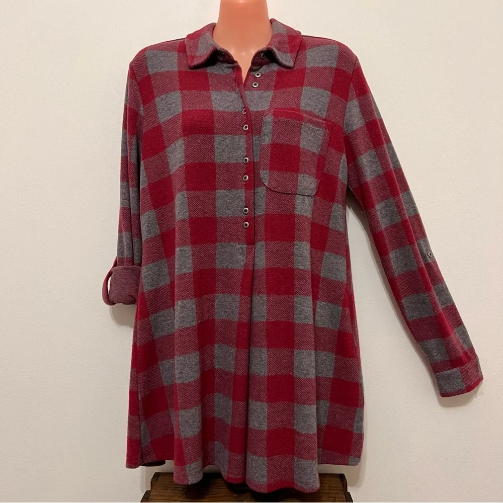 Soft Surroundings Red Gray Plaid Women's Tunic Top Cottagecore Country - Picture 2 of 13